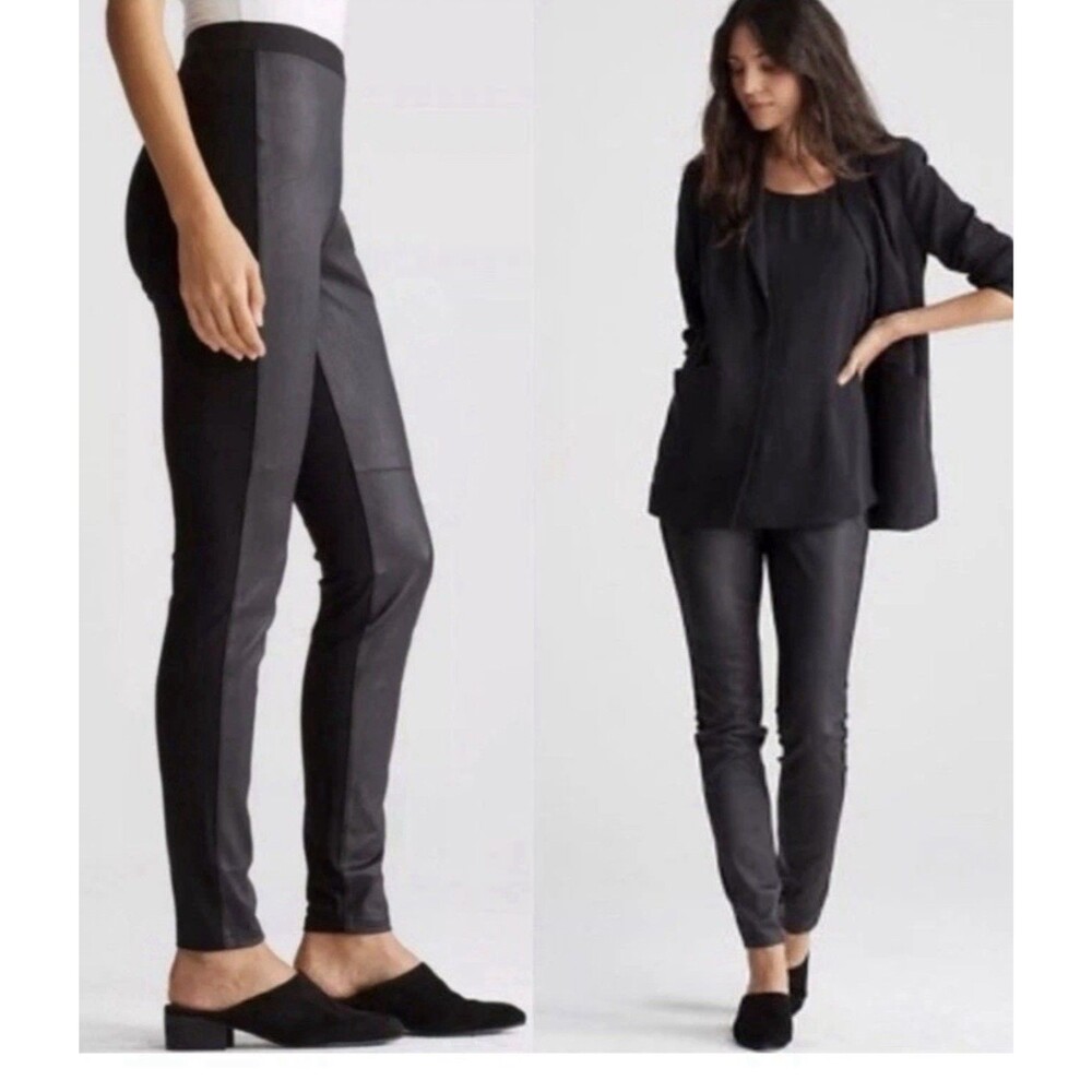 Eileen Fisher Genuine Lambskin Leather Paneled Leggings Black Sz S/P